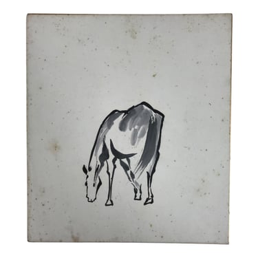 Japanese Shikishi Art Board Vtg Painting Zodiac Grazing White Horse Uma A841