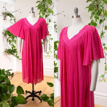 Vintage 1980s 1990s Dress | 80s 90s Hot Pink Cotton Gauze Angel Sleeve Trapeze Tent Greek Summer Day Dress | medium/large/x-large 