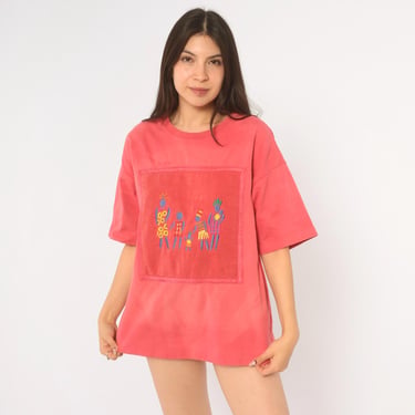 Y2K Coral Embroidered Tee Johnny Was Pink Cotton T Shirt Figure Patch Crew Neck Short Sleeve Boxy Loose Fit Top Faded Wash Folk Art Medium M 
