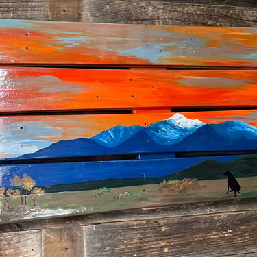 Upcycled Skis Mountain Sunset Oil Painting – Black Lab Ski Lodge Wall Art (32 inch) 