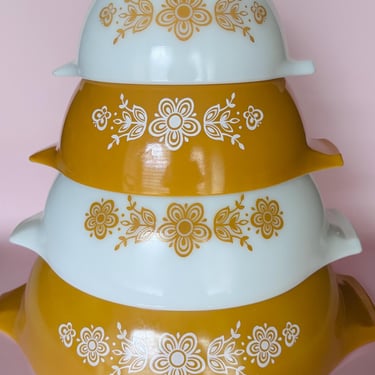 Vintage Pyrex Butterfly Gold Cinderella Bowls Set of 4 | 441 442 443 444 | 1970s Nesting Mixing Bowls 