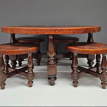 Wonderful Angel Pazmino Ecuador Mid Century Modern Leather Coffee Table 4 Leather Stools Seating Set 
