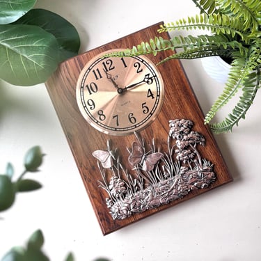 Vintage 1970s Copper Tone Butterfly Wall Clock, MCM Mid Century Nature Relief Wood Plaque 
