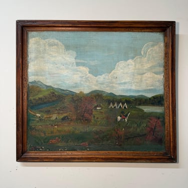 19th Century American Frontier Oil Painting - Folk Art Treaty Era Camp Scene -Métis Rider - Tepees & Covered Wagon - c.1870 