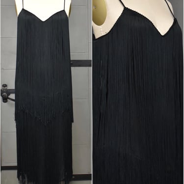 Vintage 1980s Frederick’s of Hollywood Black Fringe Sheath Dress Disco Flapper Style 