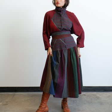 Vintage 80s Jewel Tone Mixed Print Dress/ 1980s Boxy Fit Colorblock Winter Knit Dress/ Size Large XL 
