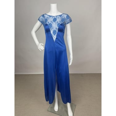 Vintage 1980s Sexy Blue Nylon Slip Dress Night Gown Lingerie boudoir Lace Valentine's Day Lingerie Boudoir 