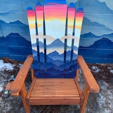 Alpenglow Sunset Hybrid Snowboard Chairs Blue Mystic Mountains, Recycled Ski Chairs, hand painted 