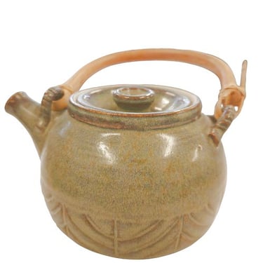 Handthrown Bamboo Handled Tea Pot, Signed Carolyn 8"x 8"