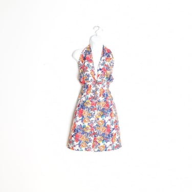 vintage 80s romper white floral print backless halter playsuit outfit shorts L 