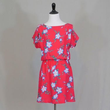 70s 80s Short Pink Floral Dress - Tropical Hawaiian - Rayon - Island Cargo for Liberty House - Vintage 1970s 1980s - S 