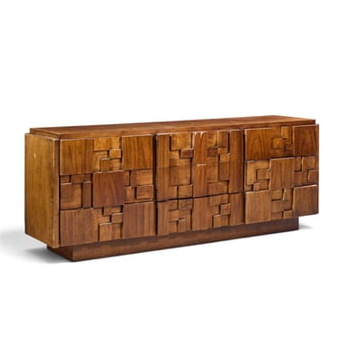 Lane Staccato Brutalist Mid Century Walnut Lowboy Dresser - mcm 
