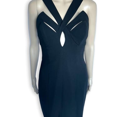 Vintage NICOLE MILLER 1990's Indecent Proposal Dress - Black Rayon Geometric Cage Neckline Strappy Cut Out Mini Dress - size Small XS 