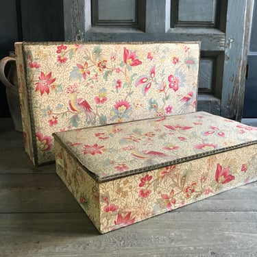French Floral Fabric Boudoir Dresser Box, Original Galeries Lafayette Paris Label, Sewing, Lingerie, Keepsake, Jewelry, Sold by Each 