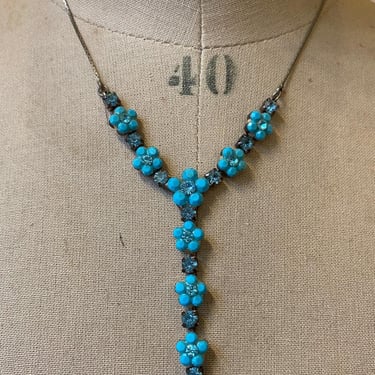 vintage 1990s floral lariat, 90s aqua flower necklace, turquoise rhinestones 