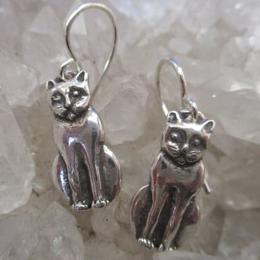 Kitty Cat Dangle Earrings -Sterling Silver- Hand Cast 