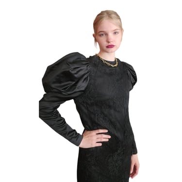 Vintage 1980s Galanos Gown Black Lace Satin Puff Sleeve Statement Dress Dark Romance 