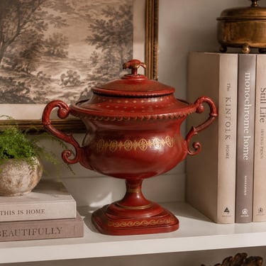 1800s English Regency Tole Cachepot Urn, Hand Painted Red & Gold Toleware Jardiniere, Antique Metal Planter, English Country Decor 