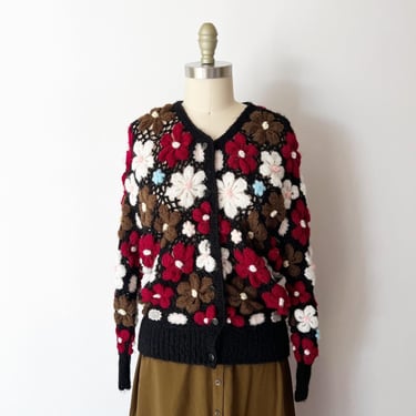 Martie Cardigan • Size M • Crochet Black Red Floral 3D Flower Knit Sweater 