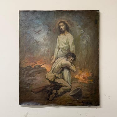 1920s Adomas Varnas Oil Painting of Christ and Wounded Soldier War Allegory | Attributed | Lithuanian Religious Folk Art 