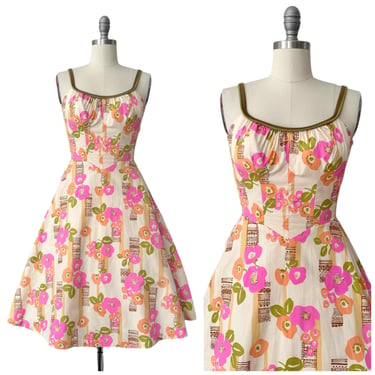 70s Tiki Floral Print Deweese Sun Dress / 1950s Vintage Novelty Print Summer Day Dress / xs to small 