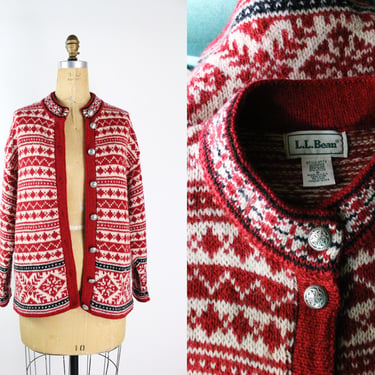 Vintage LL Bean 90s Sweater /Nordic Fair Isle Cardigan / LL Bean Wool Sweater/ Size S/M 