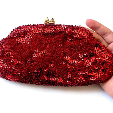 Vintage 1950's Red Sequin Beaded Clutch, Evening Bag for Holiday Glam, Red Beaded Clutch, Retro Beaded Purse, Made in Hong Kong 
