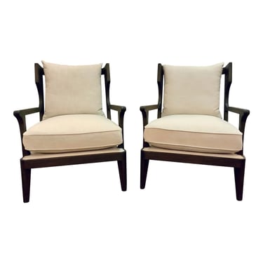 Modern Dark Walnut Finished Cream Wingback Chairs Pair