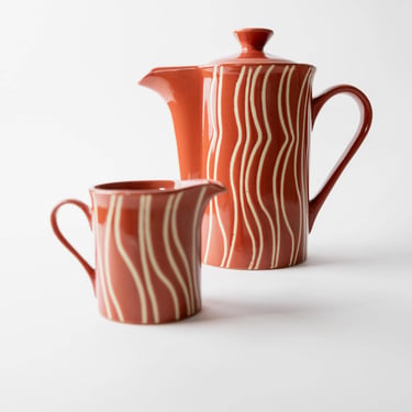 Vintage 1970s Ceramic Tea or Coffee Set, Teapot with Lid and Creamer, Rust Orange with Retro Stripe Pattern, Mid Century Decor, Gift Idea 