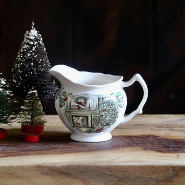Johnson Bros Merry Christmas Creamer, Vintage Holiday Tableware, Genuine Hand Engraving Creamer with Cozy Fireplace and Christmas Tree Scene 
