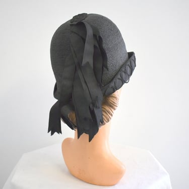 1920s Black Straw Cloche Hat with Cascading Ribbon Trim 