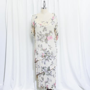 30s Cream Rose Floral Tiered Layered Silk Dress Vintage 1930s Romantic Antique Rose Short Sleeve Cotton Maxi Dress 