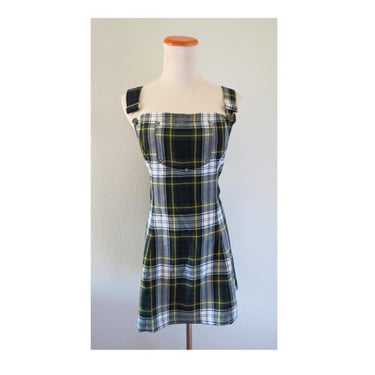 Vintage 90s Plaid Overall Dress - Green Tartan Pinafore Mini Jumper - Grunge Dark Academia Style - Size Medium 