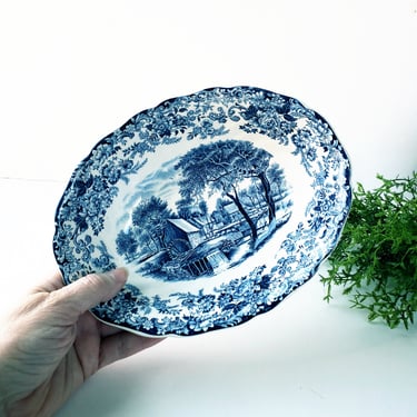 Vintage Johnson Bros Mill Stream Blue Oval Serving Bowl - England 1970s 