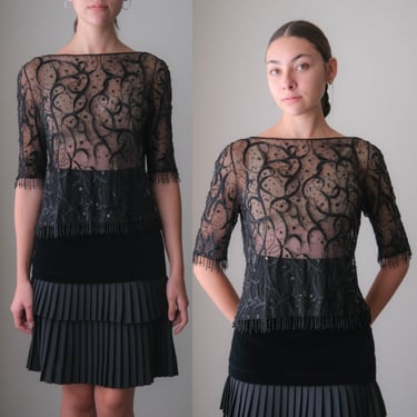 Vintage 90s Couture Designer Black, Sequined, & Embroidered Blouse w/ Beaded Fringe | Rare Hand Sequined Blouse | 1990s Designer Top 