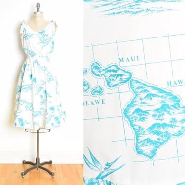 vintage 70s sun dress white blue Hawaiian map print floral ruffle midi aloha M 