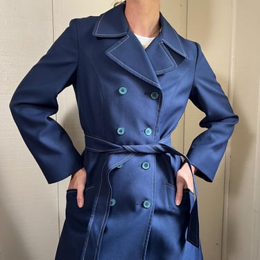Vtg 70s Belted Trench Coat, Vintage London Fog Women's Raincoat with Contrast Stitching, Navy Blue Short Trench Coat 