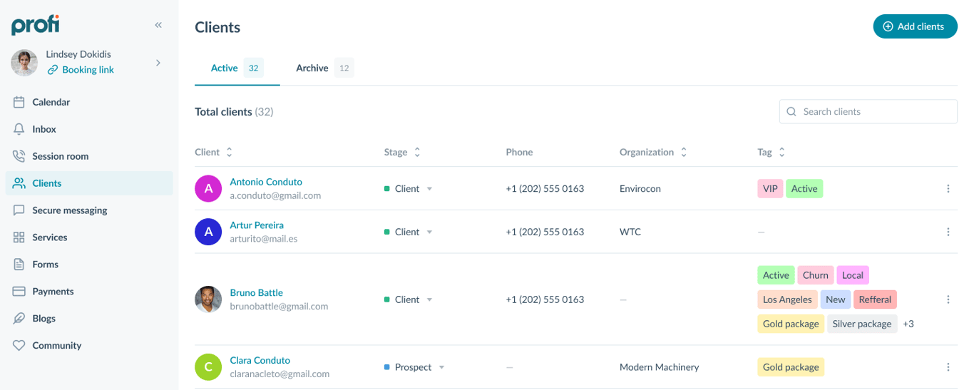 Profi.io Client table view now has tagging for grouping clients by shared attributes