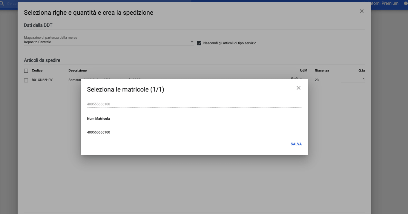 Scarico dal magazzino articolo con matricola