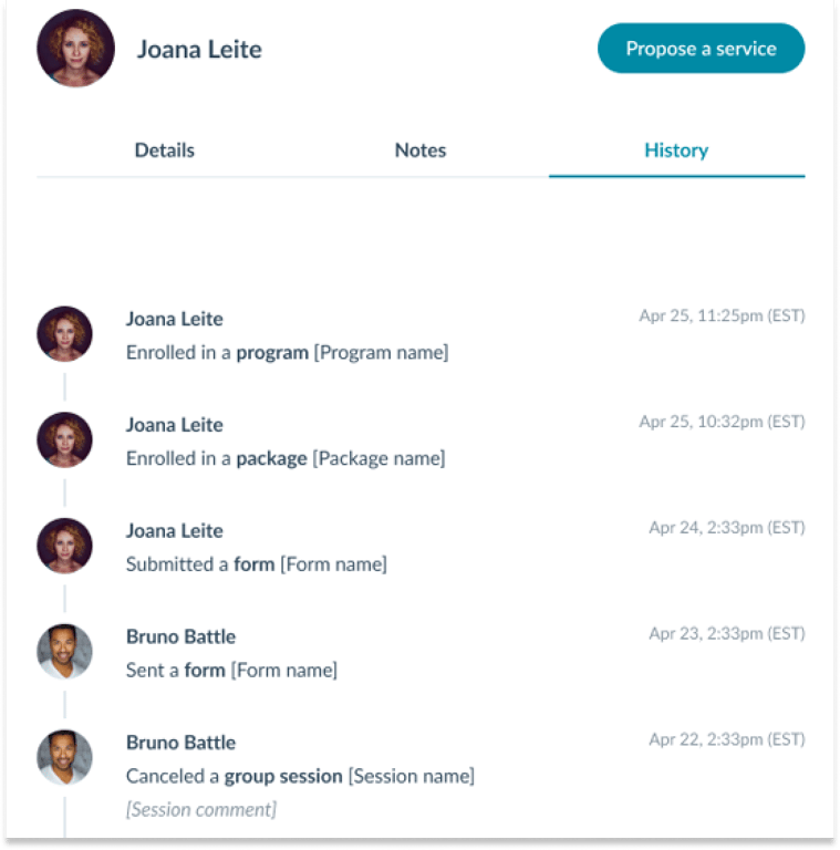 Profi.io client history tab