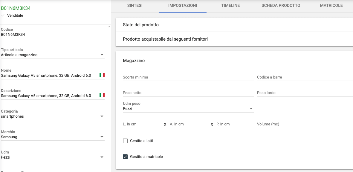 Attivazione funzione gestione matricole Selly Erp
