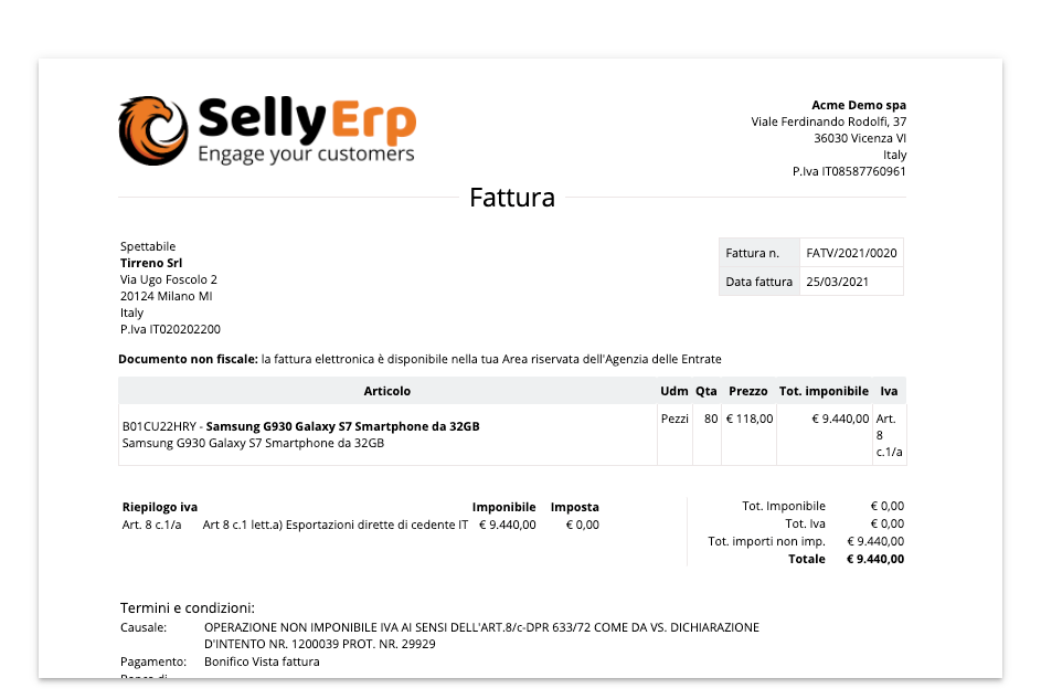 Fattura con i riferimenti alla dichiarazione di intento del cliente.