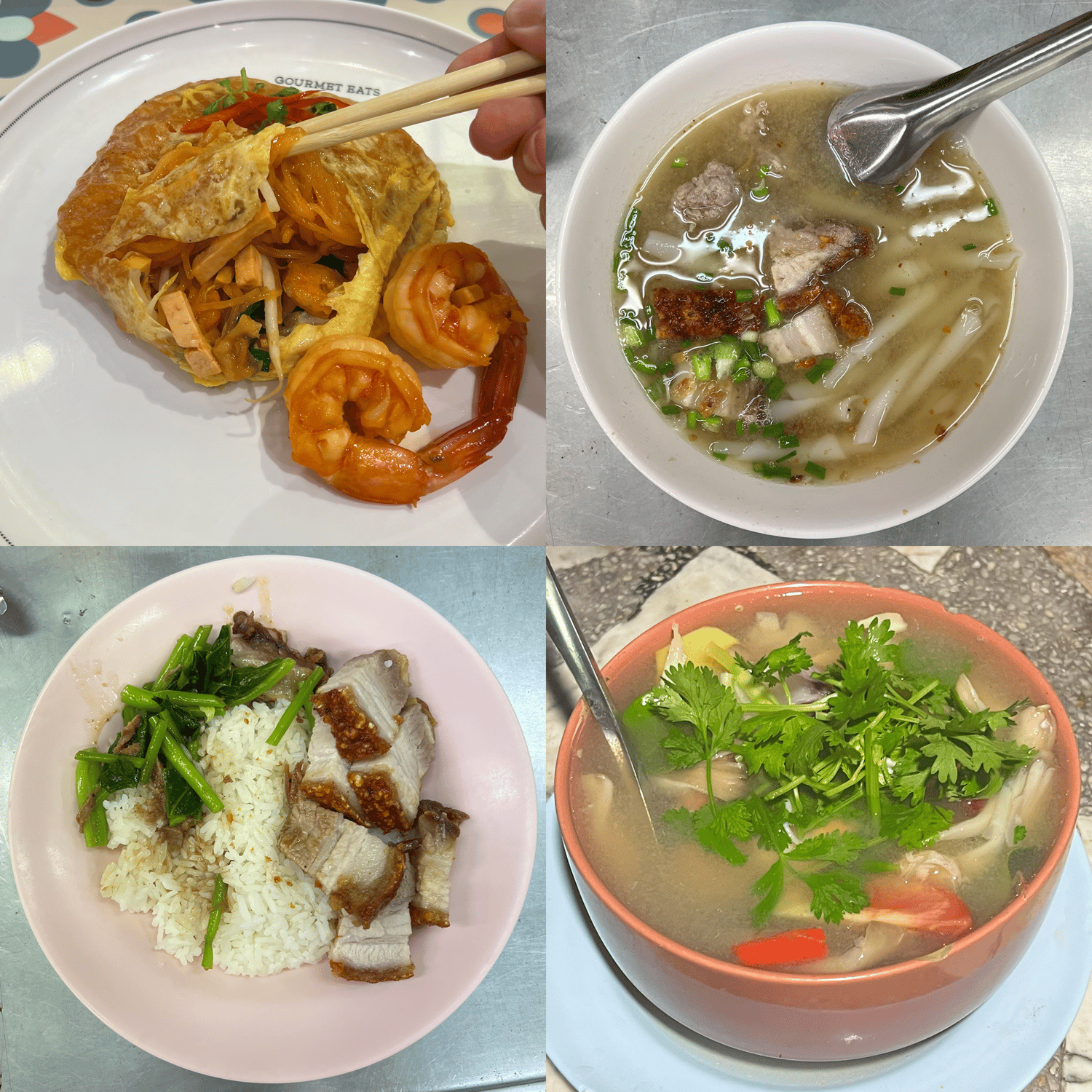 Photo of Thai food (Thipsamai pad Thai, rolled noodle soup, crispy pork, tom yum soup)
