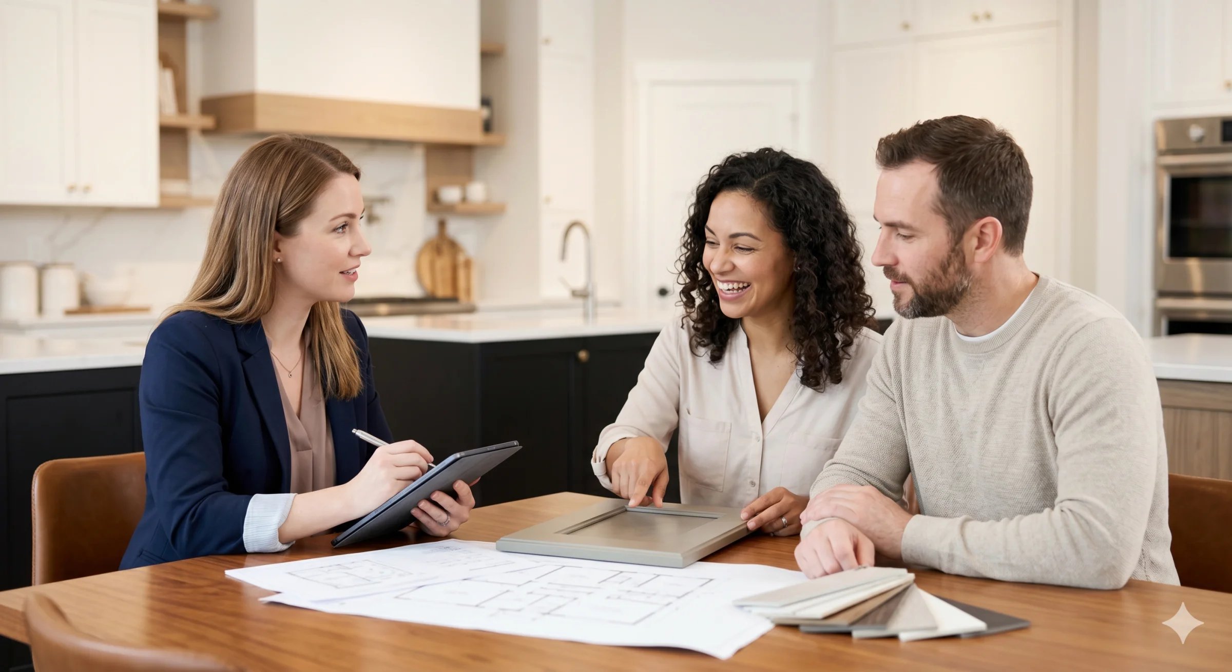 Design consultation — listening to a couple about their kitchen goals