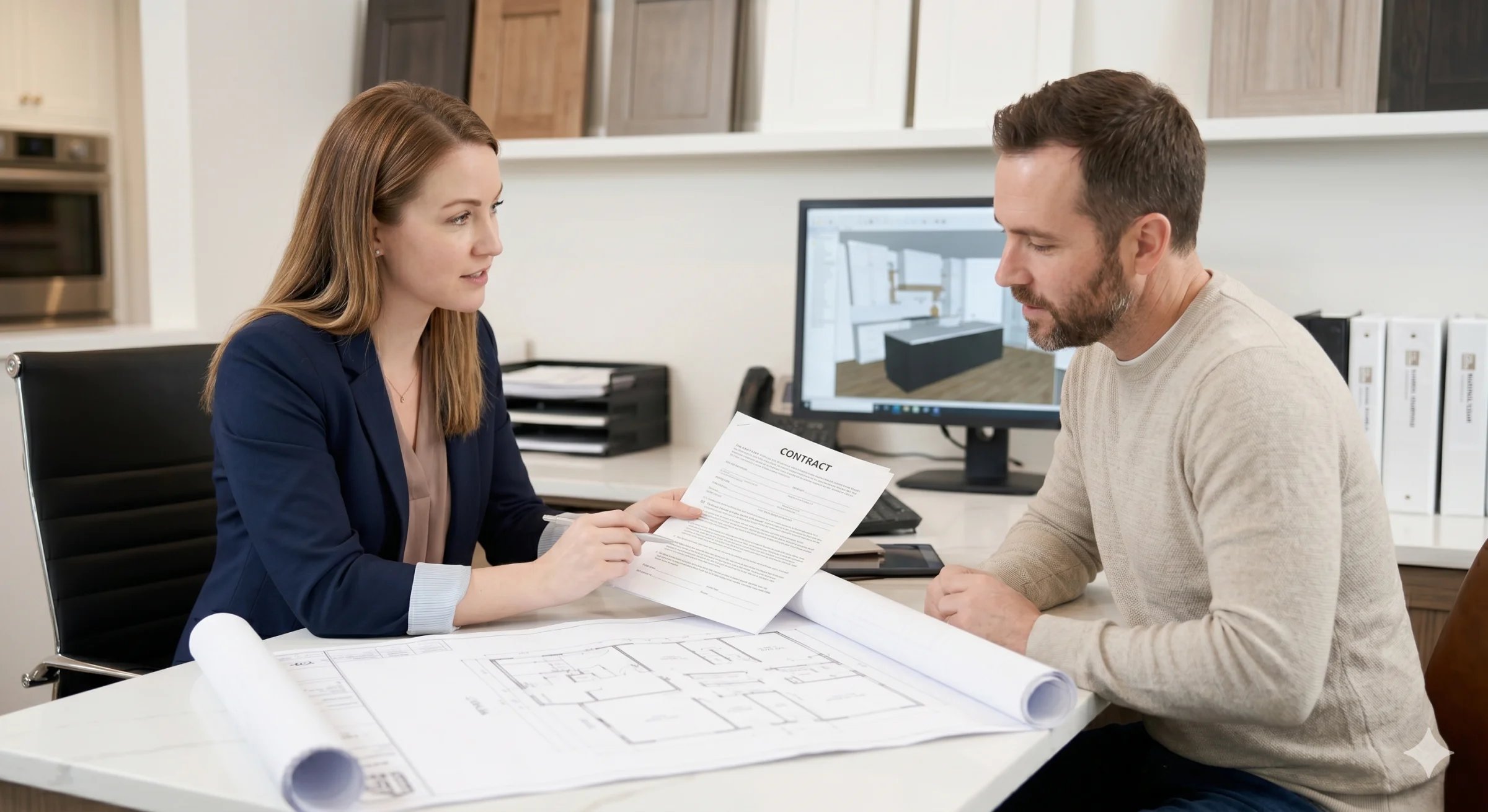 Reviewing a detailed quote and contract with a client