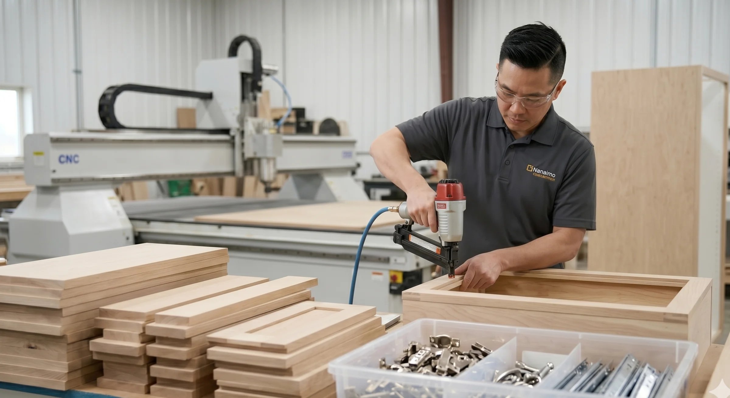 Craftsman assembling cabinets in the Top Choice production shop