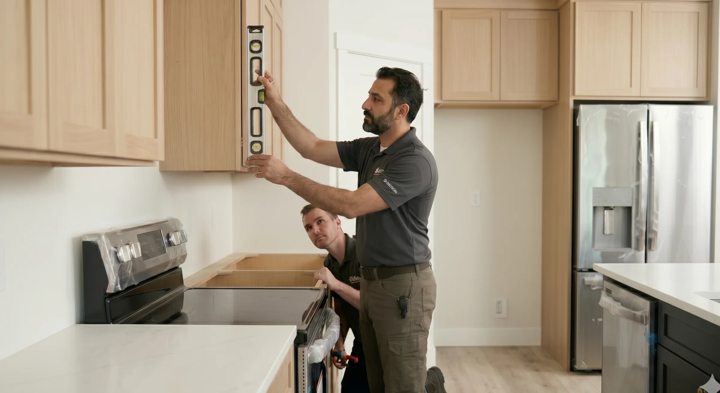 Installer leveling and securing finished kitchen cabinets on site