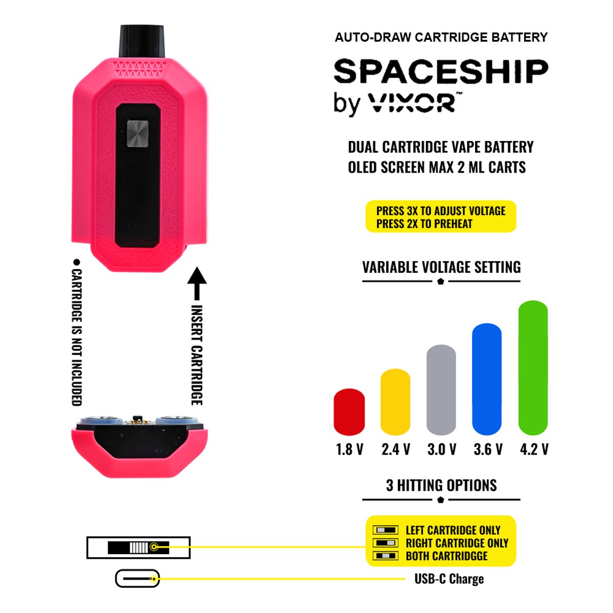 SPACESHIP 650mAh Dual cartridge battery by VIXOR - 10ct
