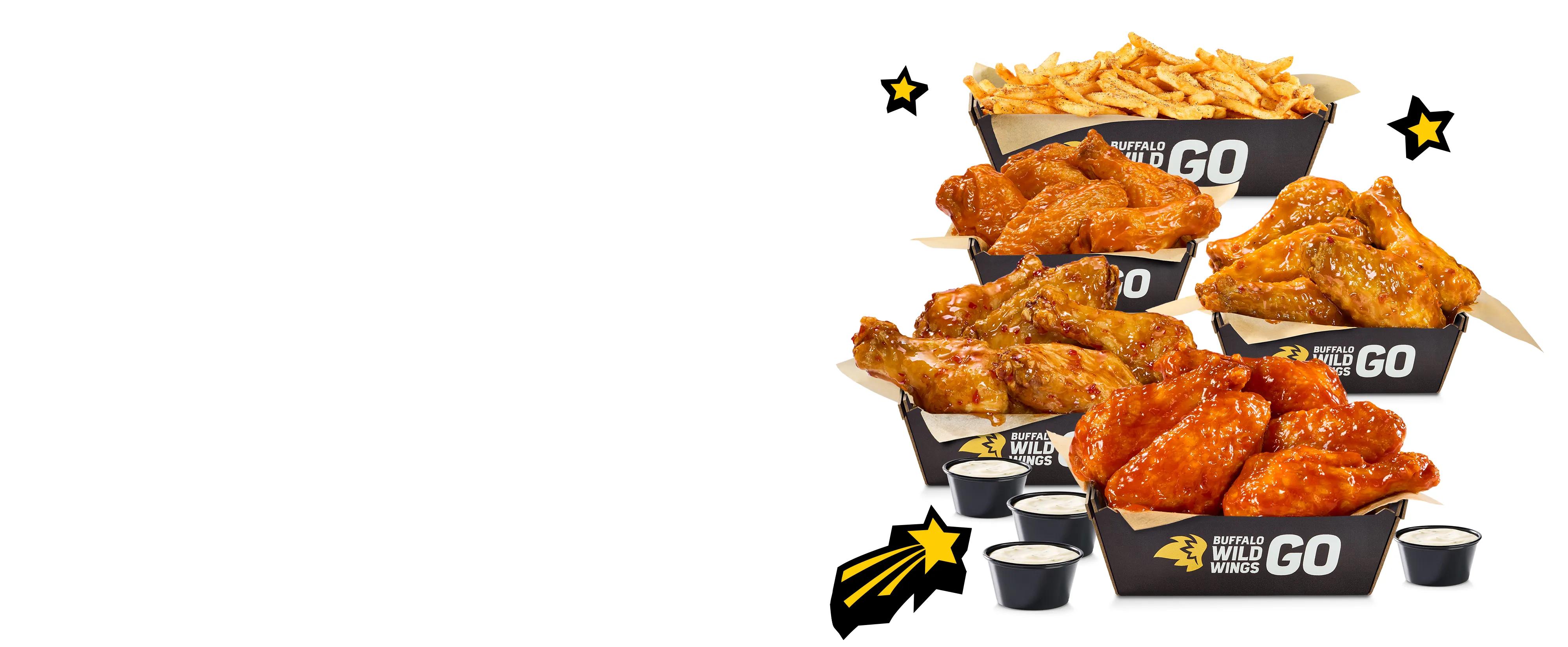 Buffalo Wild Wings 20 bone-in wings + large fries + 4 dips (Hot BBQ throwback)