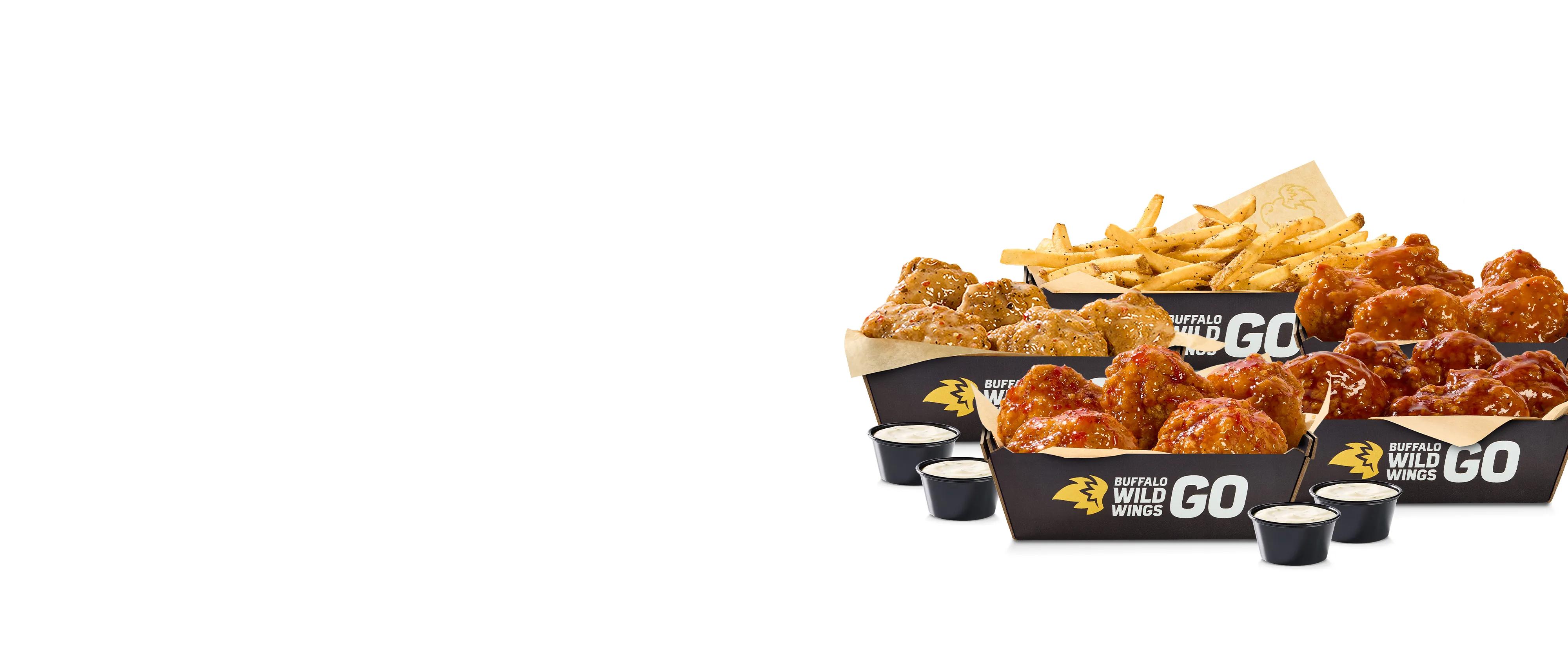 Buffalo Wild Wings 20 boneless wings + large fries + 4 dips